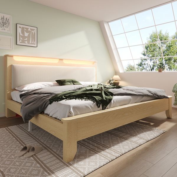 Doppelbett, Kopfteil mit Stauraum, LED-Beleuchtung, Cordpolster-Rückenlehne, Bettrahmen mit Holzlatten, Ohne Matratze & Bettbank, Holz + Cord, Helle Eiche + Beige, 160 x 200 cm
