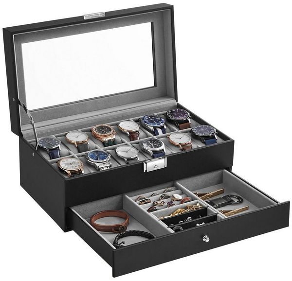SONGMICS Uhrenbox Uhrenkasten, mit 2 Ebenen, 12 Fächer und 1 Schublade
