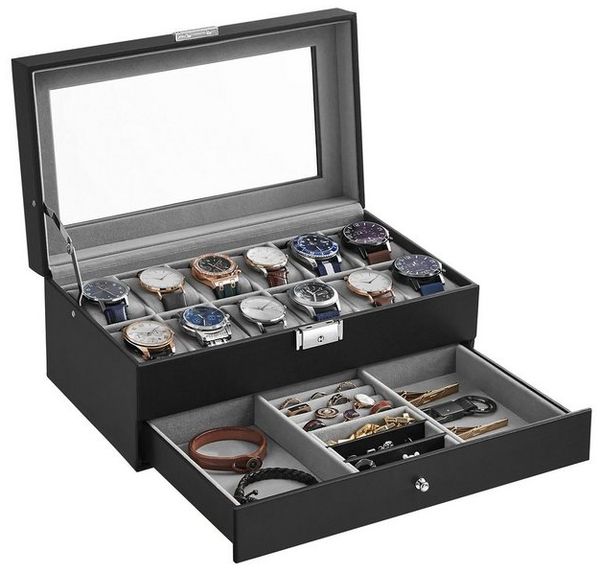 SONGMICS Uhrenbox Uhrenkasten, mit 2 Ebenen, 12 Fächer und 1 Schublade Bild 4