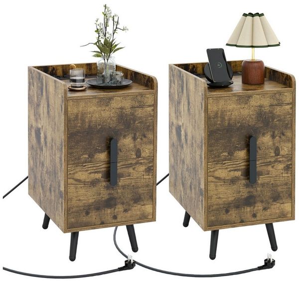 COSTWAY Nachttisch (2-St), mit Ladestation & USB-Anschlüssen & Schubladen