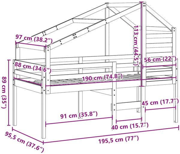 vidaXL Hochbett mit Dach Weiß 90x190 cm Massivholz Kiefer 3281981 Bild 12