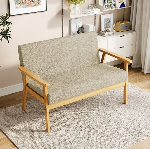 YOLEO 2-Sitzer Stoffsofa Couch mit Holz Armlehnen Loungesofa, 107x60x77cm