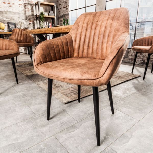 Eleganter Stuhl MILAN Mikrofaser Vintage-Braun Ziersteppung Armlehnen Esszimmerstuhl Retro