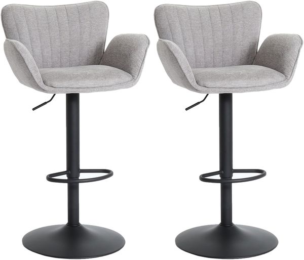 2er-Set Barhocker HWC-M67, Barstuhl, mit Armlehne Fußablage drehbar Stoff/Textil Eisen FSC® ~ hellgrau Fuß schwarz