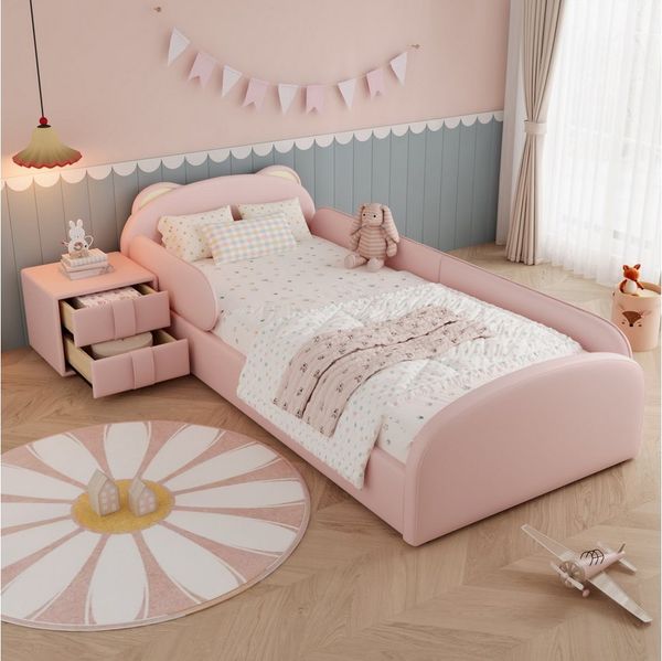 Flieks Polsterbett, Kinderbett Einzelbett 90x200 cm Bärenform-Kopfteil mit Nachttisch