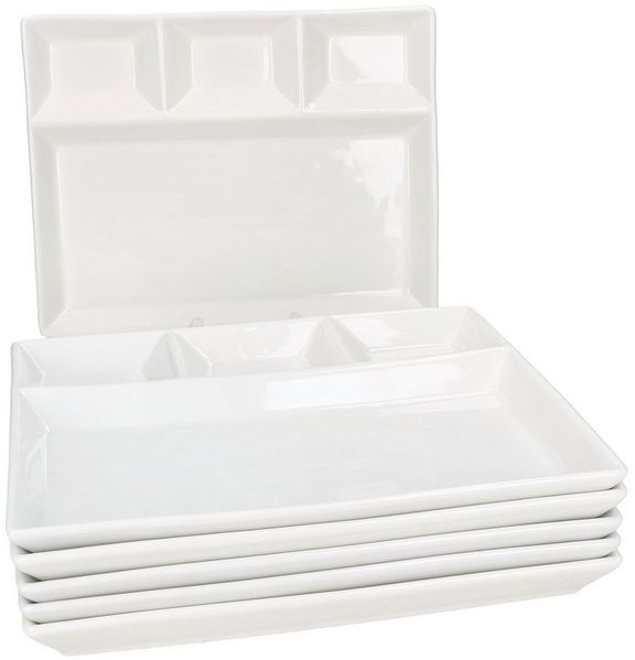 MamboCat Frühstücksteller 6er Set Fondueteller weiß 23x18 cm mit 4 Fächern Raclette Fondue Dip