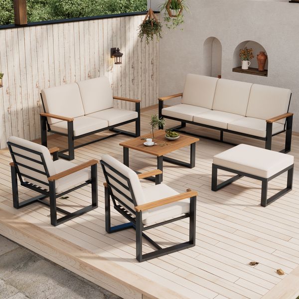 Merax Garten lounge set 6-tlg, Gartenmöbelset mit Tischen, Gartensofa mit Kissen, Balkonmöbel Set 8 Personen, Gartengarnitur Sitzgruppe Terasse, beige