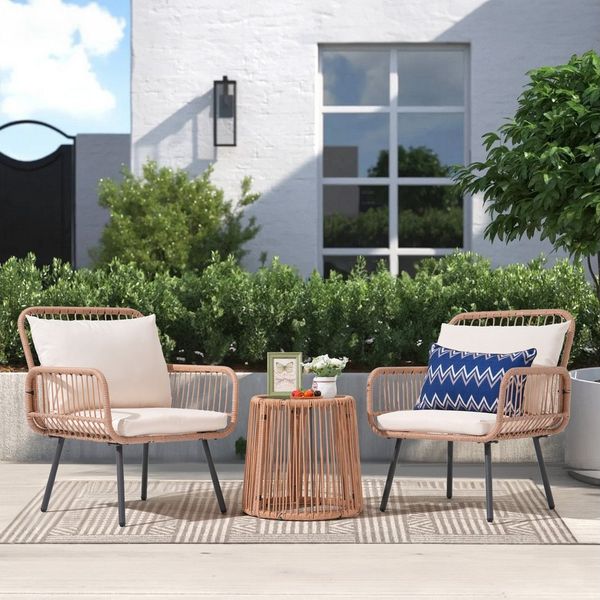Sunsitt Balkonset Bistro Set, Outdoor Rattan Balkon Set, Terrasse Outdoor Möbel Set, (mit Kissen, Couchtisch mit Glasplatte), für Balkon, Garten, Terrasse, Hinterhof, Beige Rattan & Weiß Kissen