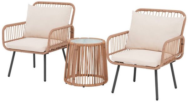 JOIVI Balkonset Bistro Set, Outdoor Rattan Balkon Set, Terrasse Outdoor Möbel Set, (mit Kissen, Couchtisch mit Glasplatte), für Balkon, Garten, Terrasse, Hinterhof, Beige Rattan & Weiß Kissen