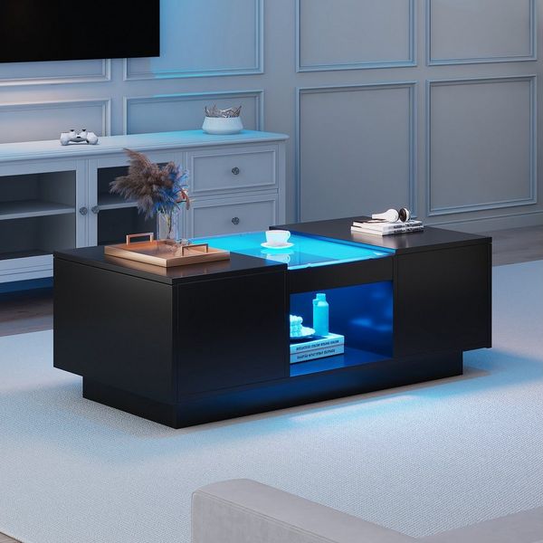 Merax Couchtisch inkl. APP mit 2 Schubladen, Beistelltisch mit Glasplatte, Wohnzimmertisch mit LED, Kaffeetisch