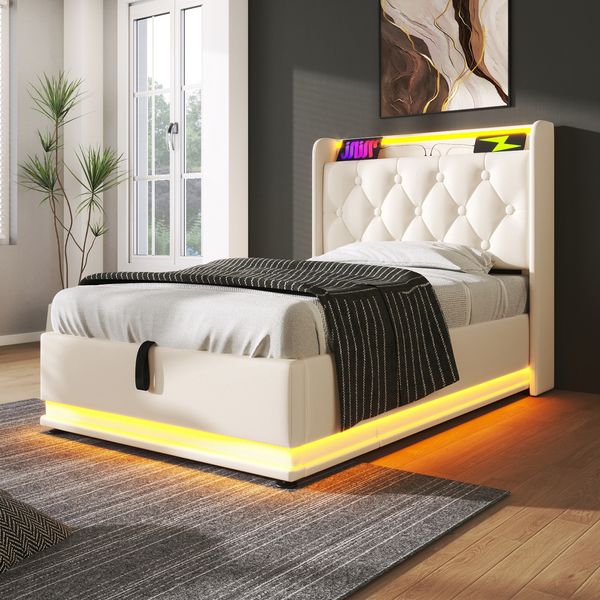 Polsterbett 90×200 cm aus Kunstleder mit LED-Beleuchtung und USB-C-Anschluss, weiß