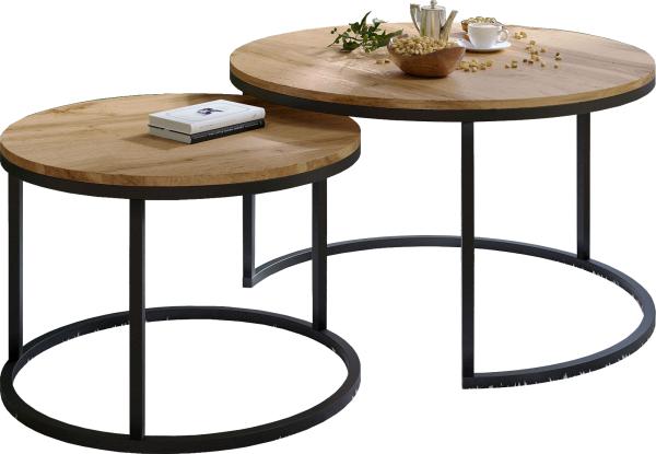 Domando Couchtisch Garda Industrial für Wohnzimmer Durchmesser 70cm, pulverbeschichtetes Metallgestell in Schwarz und Wotan Eiche