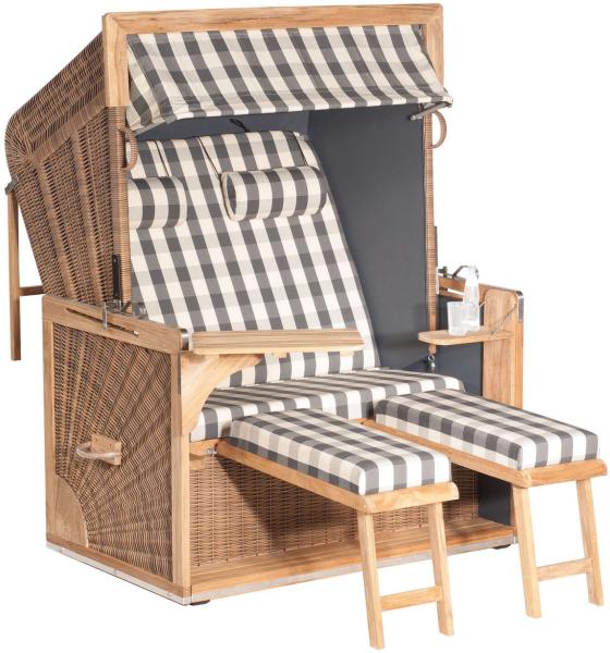 Sonnenpartner Strandkorb Admiral Teak 2-Sitzer XL 3/4-Liegemodell grau/anthrazit mit 2 Nackenrollen