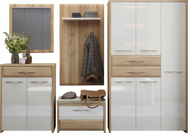OTTO home Garderoben-Set Gala, (Set, 5-St, Garderobenschrank,Schuhschrank,Schuhbank,Garderobenpaneel,Wandspiegel), Soft-Close Funktion, Hochglanz UV lackiert