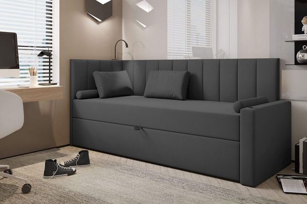 TRADA Boxspringbett TOKIO - Bett mit Lampe, Getränkehalter, USB-C (Bett + Matratze), Mit seitlichem Bettkasten, Lampe, USB-C & Getränkehalter