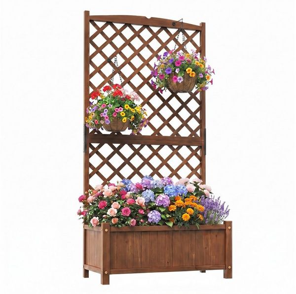 COSTWAY Blumenkasten, Hochbeet mit Rankgitter, Rankhilfe für Kletterpflanzen