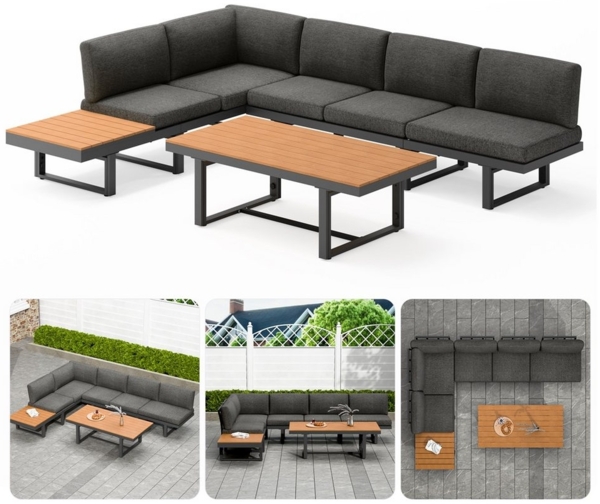 Mucola Gartenlounge-Set Ecklounge mit Liegefunktion Aluminium Essgruppe wetterfest Grau, (wetterfest, resistent gegen Regen, Salzwasser und intensive Sonneneinstrahlung, Kissen inkl. Reißverschluss, daher abnehm- und waschbar), inkl. praktischem seitli...