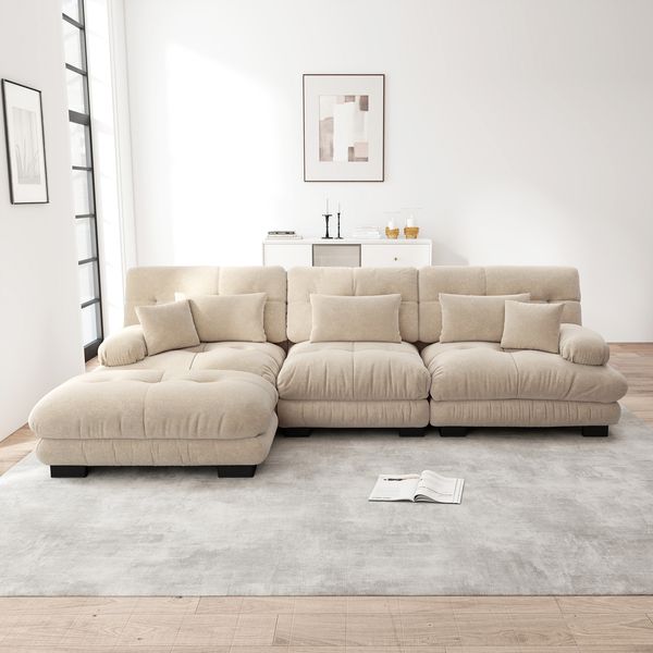Modulares Ecksofa, Chenille mit beweglichen Ottomans, tiefem Sitz & Cloud-Komfort, 313x145x81 cm, Hellbraun