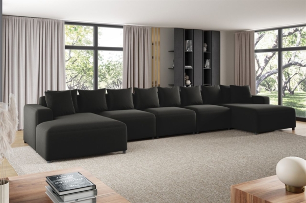 Wohnlandschaft Sofa U-Form Designersofa MEGAN XL in Stoff Salvador Schwarz