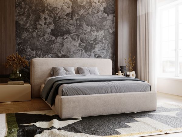 GRAINGOLD Monza Polsterbett 160x200, mit gepolstertes Kopfteil, Bettkasten, Kopfteil, Chenille-Stoff, Beige