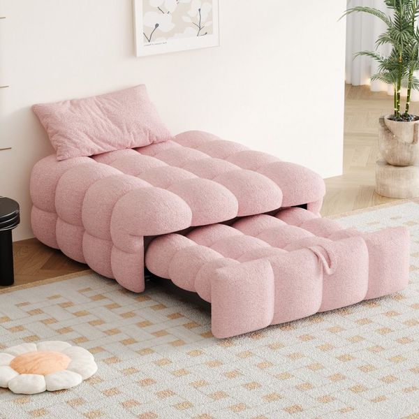 HAUSS SPOLE Schlafsofa 2-in-1-Fußhocker, Ausziehbares Schlafsofa, Teddy-Stoff, Rosa, Daybett Tagesbett mit multifunktionaler Sitz- und Liegefunktion für Wohn- und Schlafbereiche, 2-in-1-Fußhocker-Sofa-Bett
