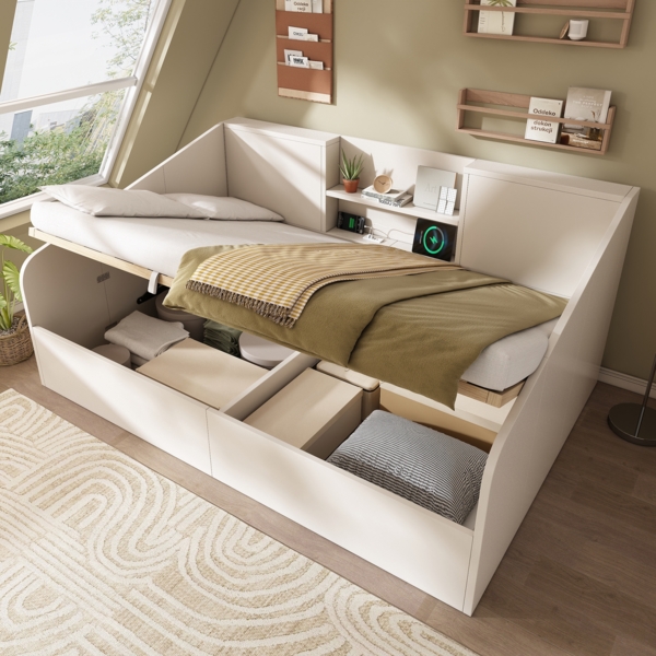 Merax Doppelbett 140x190 cm, Holzbett, Hydraulisches Tagesbett, Kinderbett, Jugendbett, mit 2 Ablagen, großem Stauraum & USB/Type-C-Ladestation, Lattenrost inkl, Weiß