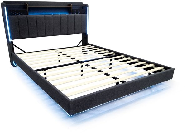 Polsterbett 160×200 cm mit LED, USB und Stauraum-Kopfteil, schwebende Optik, Grau Bild 6