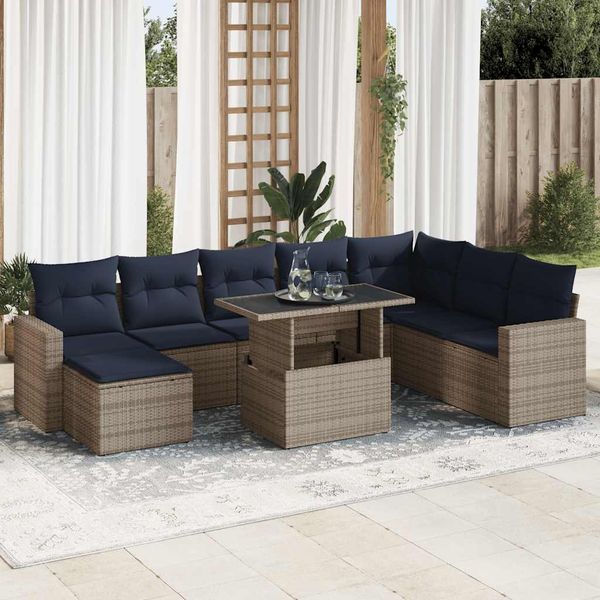 vidaXL 9-tlg. Garten-Sofagarnitur mit Kissen Grau Poly Rattan Akazie 3326372