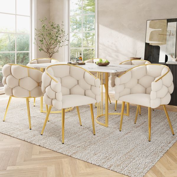 Stuhl 44x41x74 cm, gepolstert mit Samtbezug beige und goldfarbenem Rückengestell, ergonomisch,6er-Set