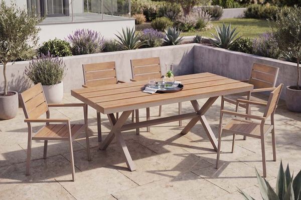riess-ambiente Gartentisch DESIGNO 150cm natur/greige - WPC, Aluminium, X-Gestell, wetterfest (Einzelartikel, 1-St), Moderner Bohlentisch für 6 Personen - ideal für Terrasse oder Balkon