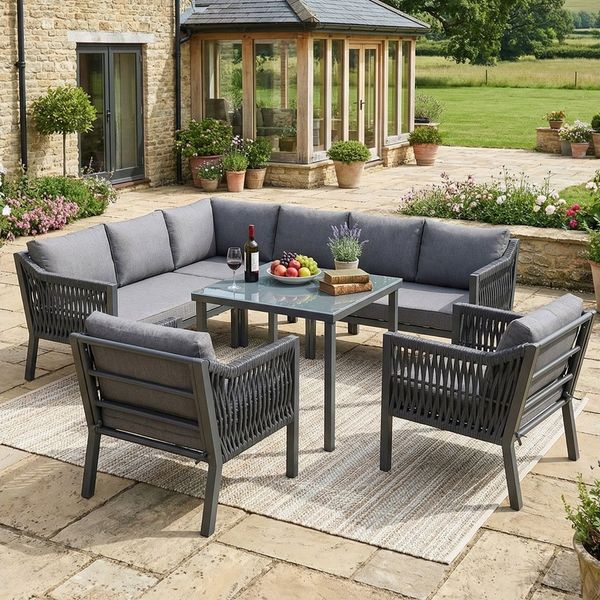 Merax Gartenlounge-Set für 8 Personen, Gartenmöbel mit Glastischplatte & Handgewebtem Seil, (4-tlg), Ecksofa mit 2 Sesseln & Esstisch,Gartensofa Garten-Essgruppe Ecklounge