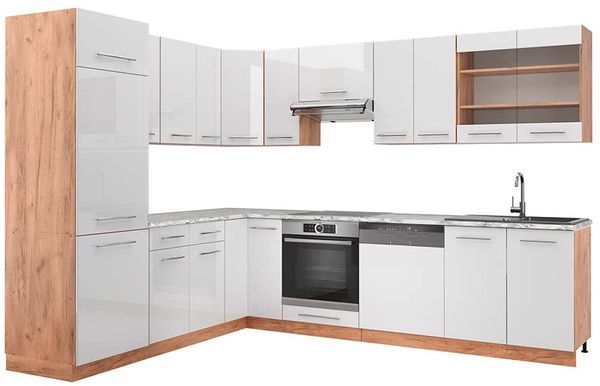 Eckküche Fame-Line Weiß Hochglanz/Goldkraft Eiche 287 x 227 cm, AP Marmor Vicco