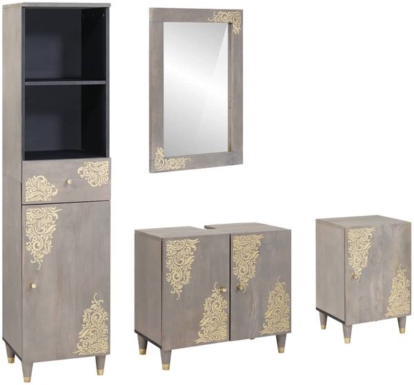 vidaXL Badezimmerschrank-Set Wandmontiert 4 pcs Grau Massivholz Mango 3310155