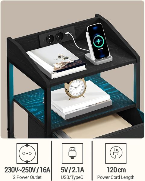 Nachttisch 2er Set, mit LED-Leuchten und Ladestation, Beistelltisch mit 2 Stoff-Schubladen und Regalen, mit USB-Anschlüssen & Steckdosen, für Schlafzimmer, Wohnzimmer, Schwarz Bild 3