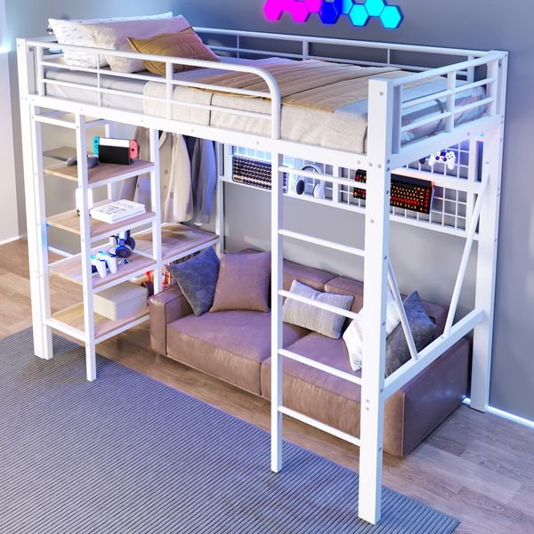 Hochbett Liegefläche 90x200 cm aus Eisen und MDF mit LED-Lichtleiste, Ablagefach, Hängegitter und offenem Raum unter dem Bett