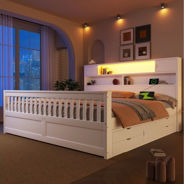 Merax Massivholzbett mit LED-Kopfteil & USB-Anschluss (Plattformbett Bettgestell Doppelbett aus Holz, 1-tlg), 180x200 cm mit 4 Schubladen, Stauraumregalen, Bücherregal & Ablagen
