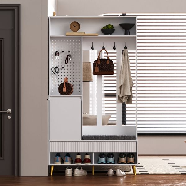Garderoben-Set mit Schuhbank, 4 Haken & Schrank, Weiß, 100x35x180 cm