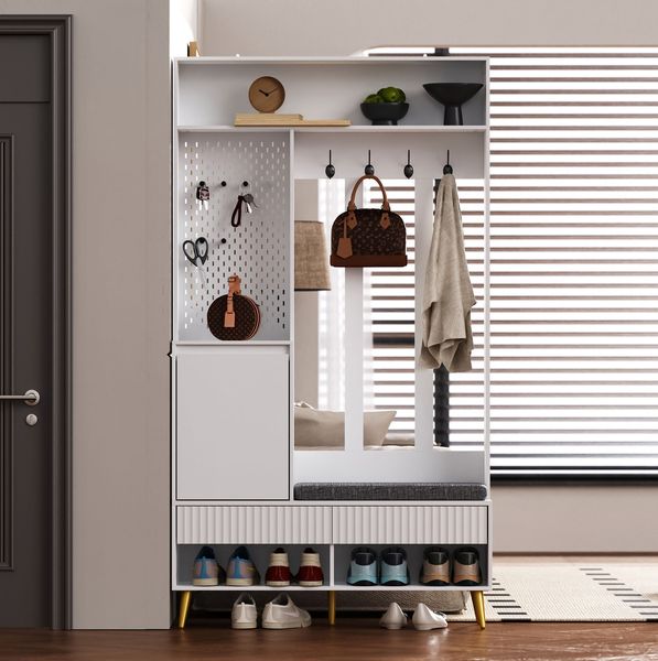Garderoben-Set mit Schuhbank, 4 Haken & Schrank, Weiß, 100x35x180 cm
