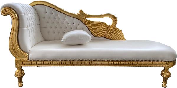 Casa Padrino Barock Chaiselongue Weiß Lederoptik / Gold - Golden Wings - Antik Stil Möbel