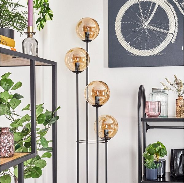 hofstein Stehlampe Stehlampe aus Metall/Holz/Glas in Schwarz/Natur/Bernsteinfarben, ohne Leuchtmittel, Stehleuchte im Retro-Design m. Glasschirmen (15cm), Fußschalter, E14