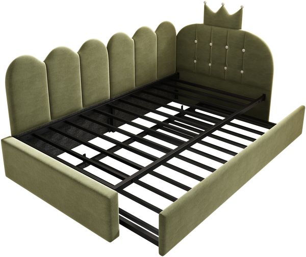 Merax Einzelbett 90x200 cm, Kinderbett, Polsterbett mit 90x190 cm Ausziehbett, Niedliches Kronen- und Gitterdesign, Samt, Grün Bild 9