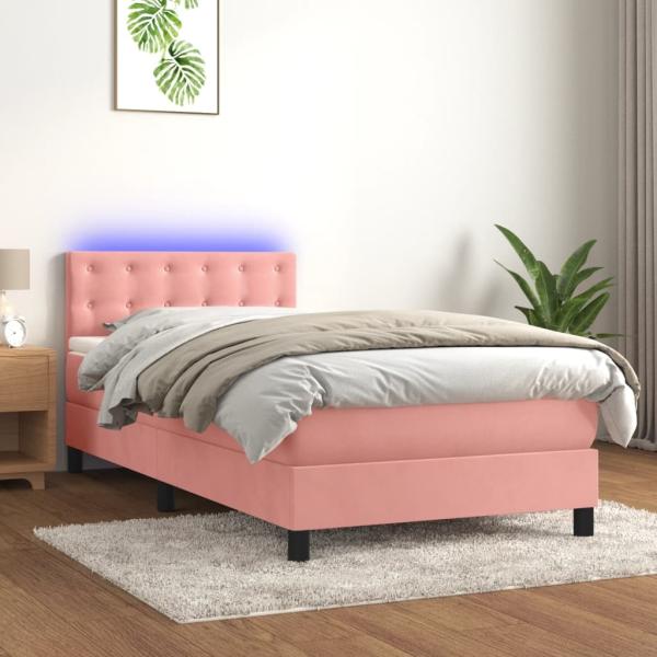 vidaXL Boxspringbett mit Matratze & LED Rosa 90x200 cm Samt 3134626