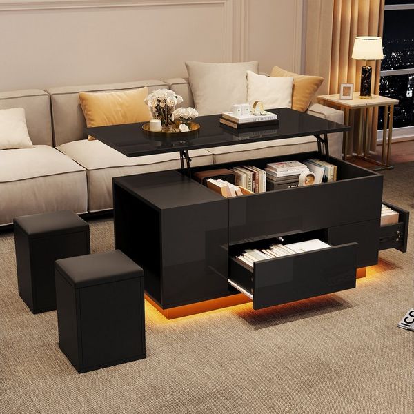 OKWISH Couchtisch 4-in-1 höhenverstellbarer Sofatisch (Wohnzimmertisch, Beistelltisch, 1-St, mit LED, 2 Schubladen, 100*50*45cm), Hochglanztisch mit 2 Hockern, verstecktem Stauraum