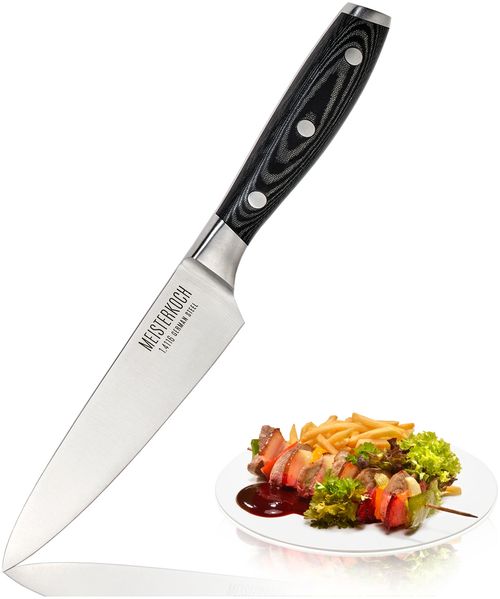 Meisterkoch Universalmesser Messer Küchenmesser | 12,5 cm Klinge aus rostfreiem deutschen Edelstahl | ergonomischer Micarta-Griff mit Fingerschutz, 3-fach vernietet