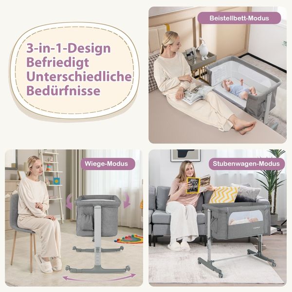 Tragbare 3-in-1-Babywiege mit 5-stufig Verstellbarer Höhe & Atmungsaktives Netz Hellgrau
