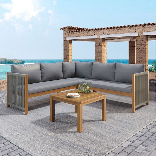 Flieks Gartenlounge-Set, 5-Sitzer Seil Balkonset Gartenmöbel Akazienholz Ecksofa mit Couchtisch