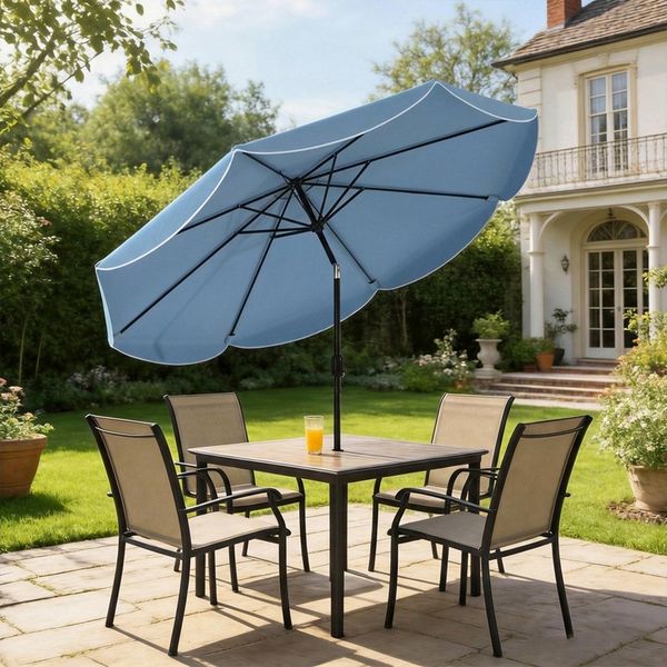 Outsunny Sonnenschirm rund Balkonschirm mit 3-facher Neigung Kurbel 8 Streben, LxB: 265x265 cm, rund Balkonschirm, Strandschirm, für Strand Balkon Garten, Himmelblau