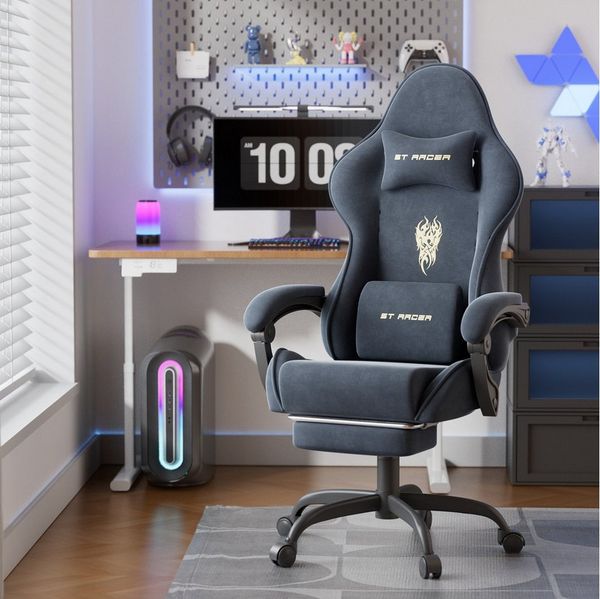Ferghana Gaming-Stuhl Racing PC Stuhl Verstellbar mit Kopf-,Lendenkissen, Fußstütze (Rückenlehne 90°-125), Ergonomisch, atmungsaktiv Gaming Chair