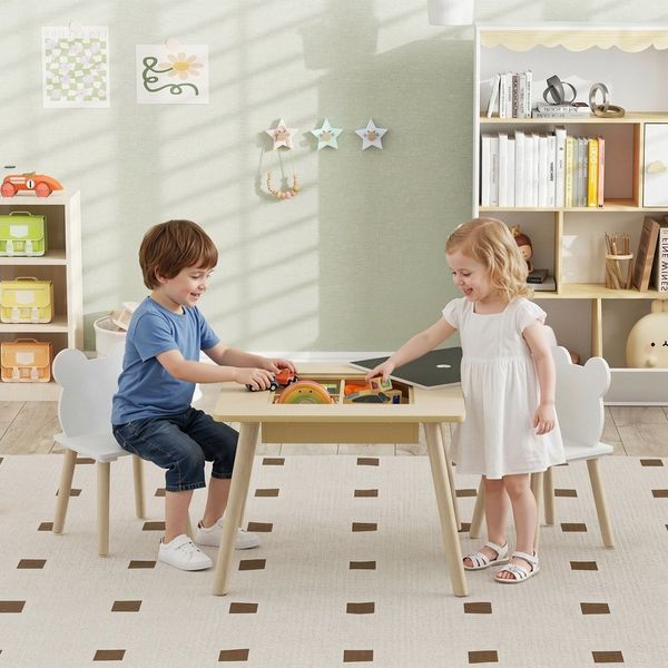 AIYAPLAY Kindersitzgruppe mit Stauraum umklappbarer abnehmbarer Tischplatte, (Kindertisch mit 2 Stühlen, 3-tlg, Kinder Tisch Stuhl Set), für Kinderzimmer, für 3-6 Jahre Kinder, Naturholz