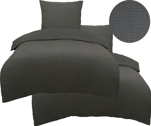 KH-Haushaltshandel Bettwäsche 4-tlg. Musselin Bettwäsche 2x (135x200 + 80x80 cm), 100% Baumwolle, Musselin, 4 teilig, uni/einfarbig, anthrazit grau, 100% Baumwolle, bügelfrei